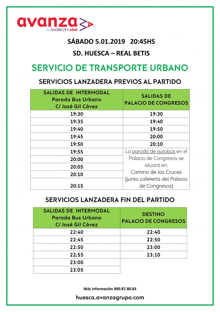 Servicio especial de autobuses al Estadio del Alcoraz para el partido SD Huesca-Real Betis