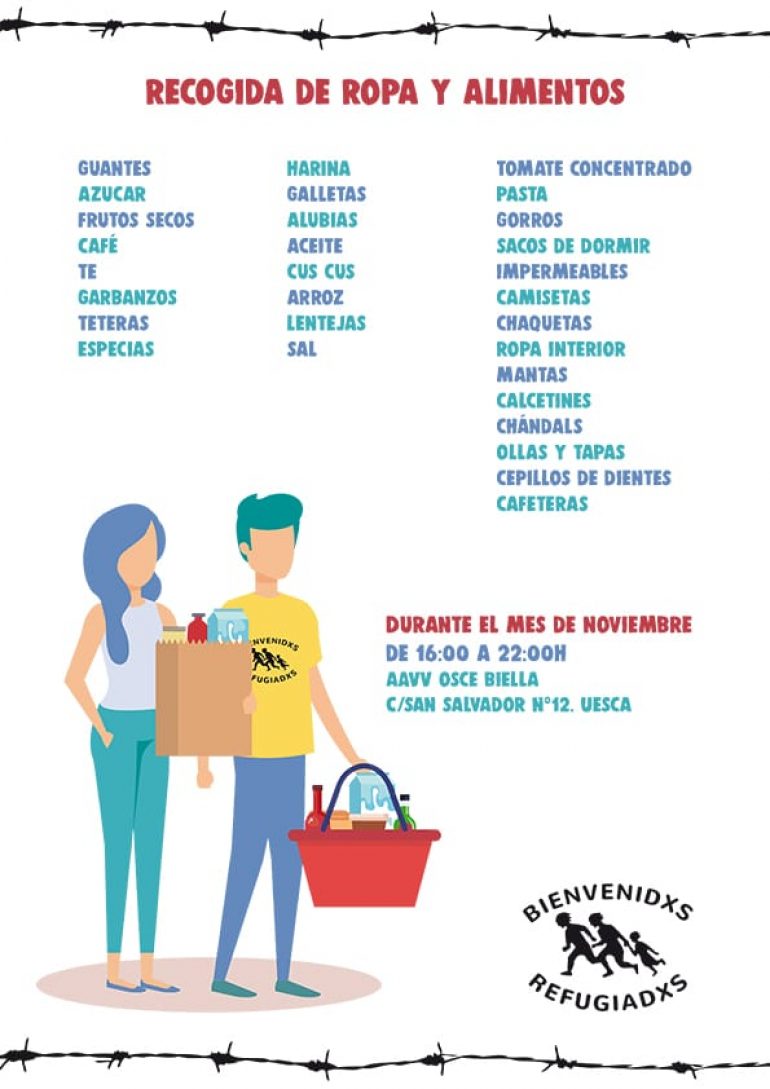 Bienvenidxs Refugiadxs Huesca organiza una campaña de recogida de alimentos, ropa y enseres